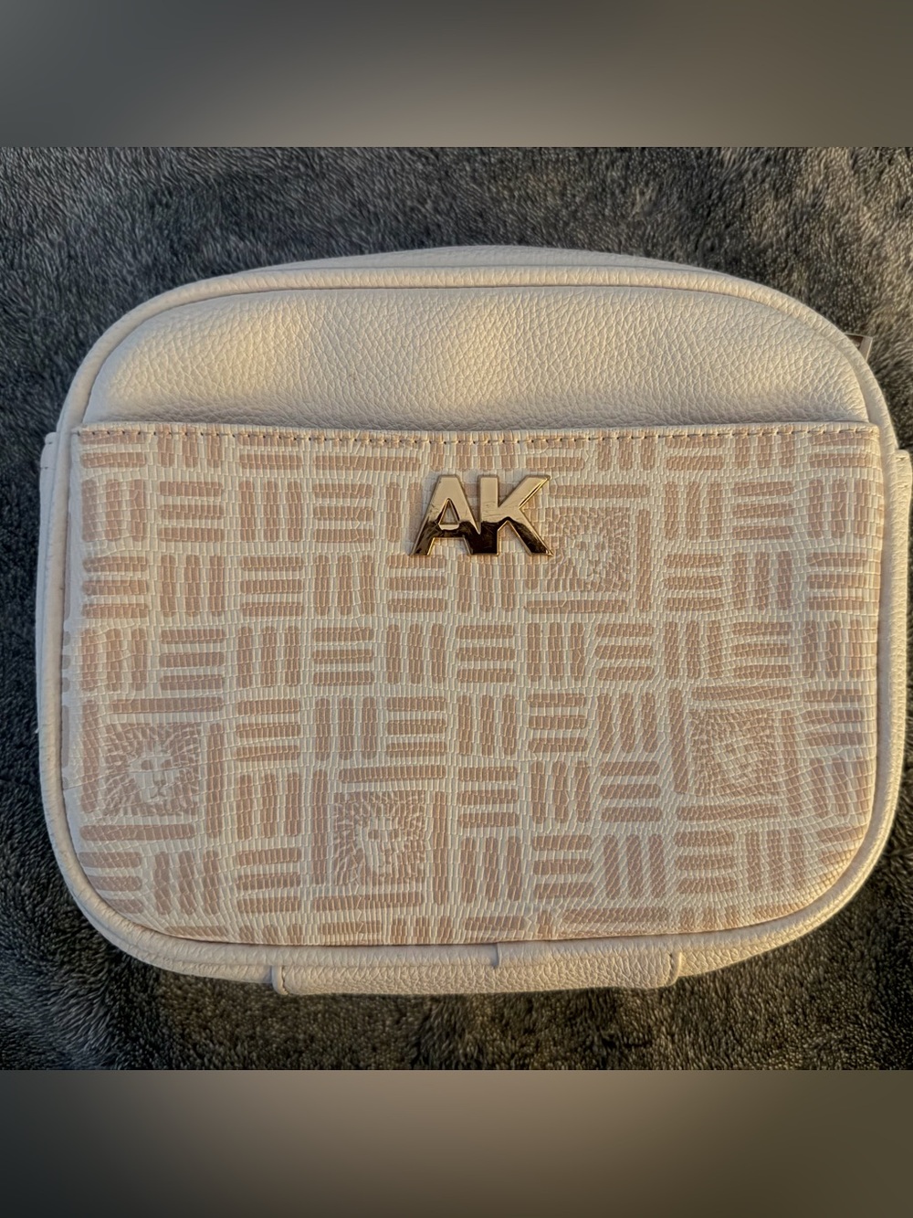 Anne Klein creamy white and light tan monogram camera crossbody bag